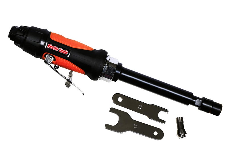 Vector Tools 5" Pneumatic Power Die Grinder, 25000 RPM, 90psi, 1/4" Inlet, Includes 1/8" & 1/4" Collets, Ergonomic Handle, Black, Orange - Image 1